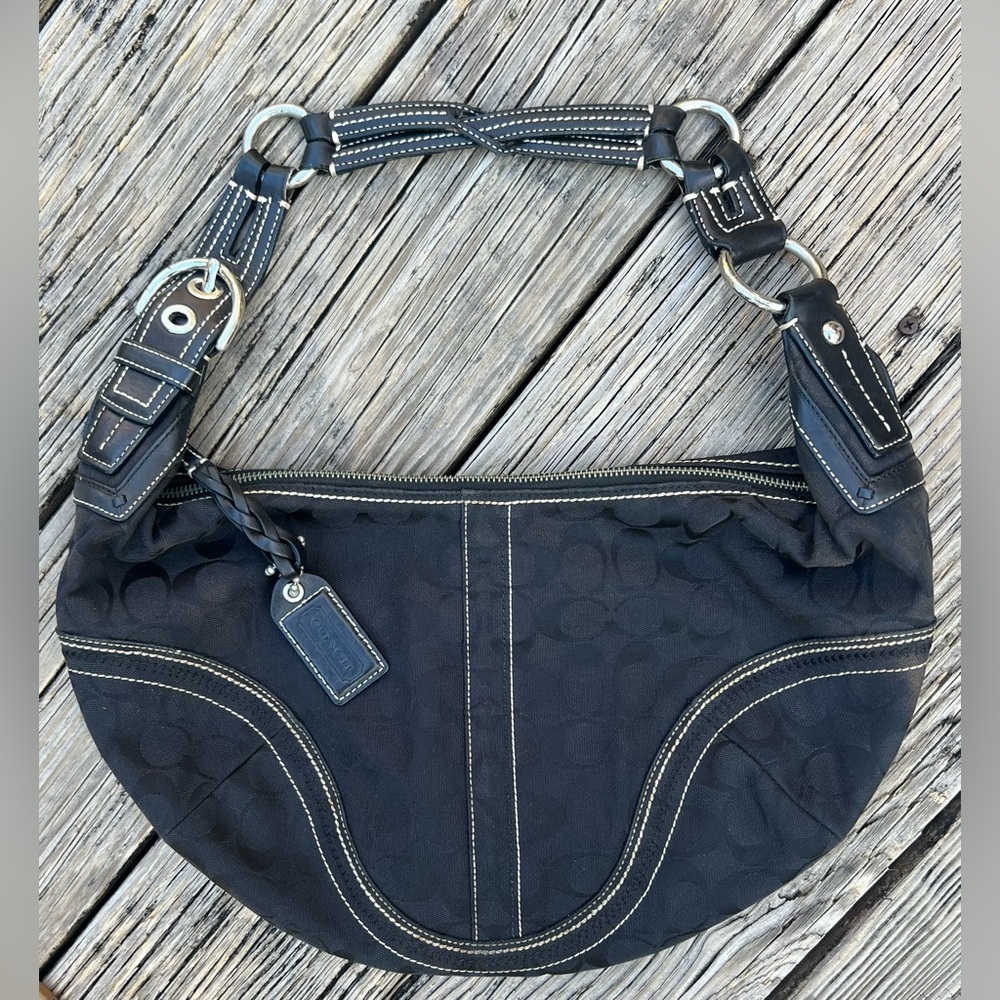 Coach Canvas Signature C Hobo Handbag Leather Strap Black Large